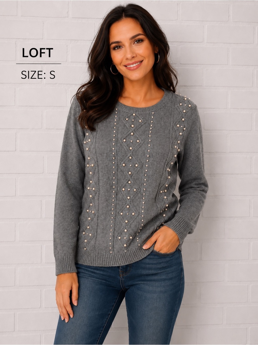 LOFT Gray Pearl Embellished Cottagecore romantic   Cable Knit Sweater Size Small